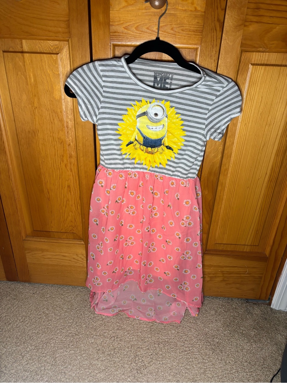Gray Striped Top Pink Floral Skirt Dress with Yellow Minion Sun